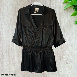 L8ter V-Neck Smocked Waist Roll Tab Sleeve Blouse